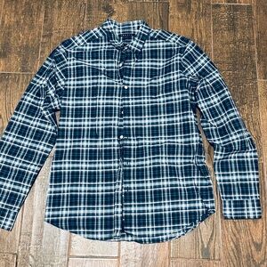 Theory Dobby Shirt Men Blue Plaid Flannel Long Sleeve